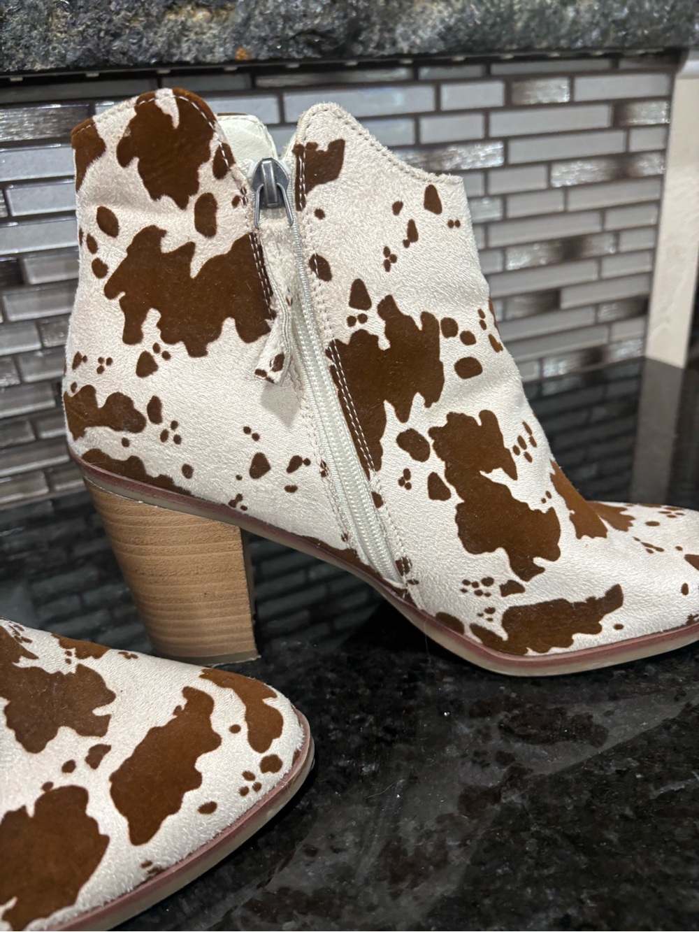 Cowhide Print Ankle Boots - Cream & Brown - Picture 2 of 5
